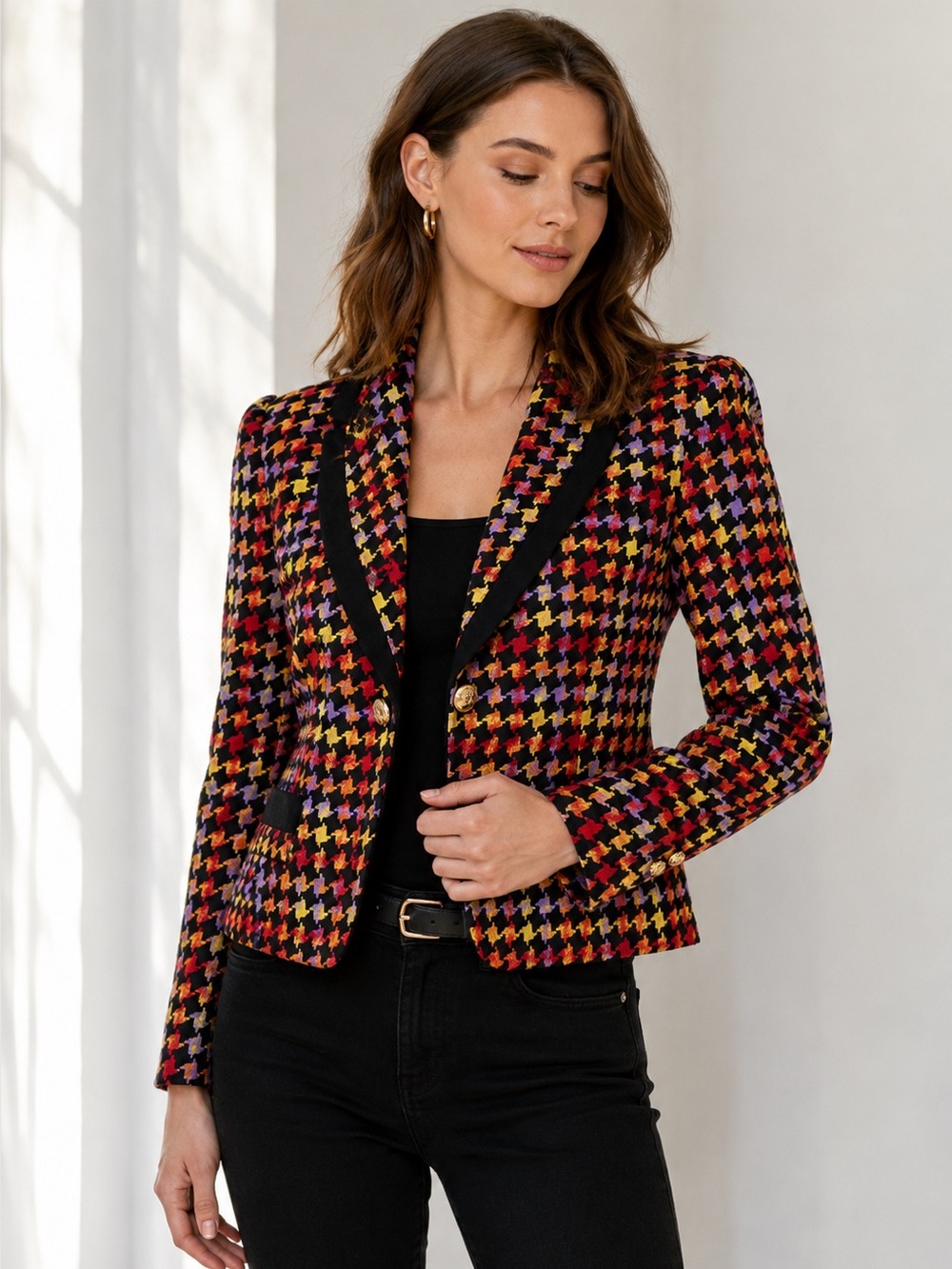Vintage Simon Chang 100% Wool Houndstooth Blazer Colorful Tailored Jacket Size 6